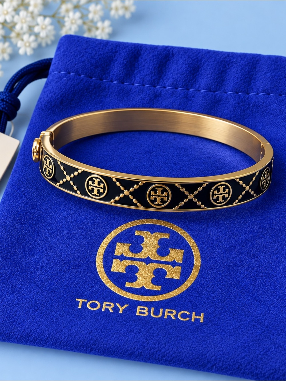 Tory Burch Black Enamel Logo Hinged Bangle with Gold Trim